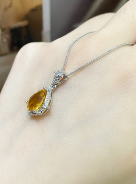天然无烧黄水晶水滴吊坠纯银项链