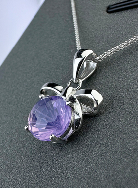 天然紫玉晶蝴蝶结吊坠S925银项链