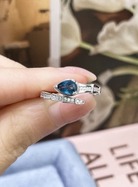 天然托帕石伦敦蓝灵蛇戒指S925银