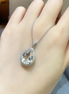 天然白水晶水滴吊坠女S925银项链