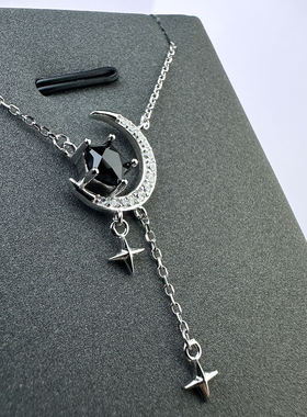天然黑尖晶吊坠星星月亮纯银项链