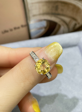 天然原矿黄水晶戒指女S925纯银