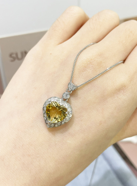 天然黄水晶S925纯银镶嵌吊坠项链