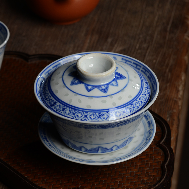 景德镇 仿七十年代厂货陶瓷三才盖碗 小号青花瓷茶碗 泡茶茶具 - 图0