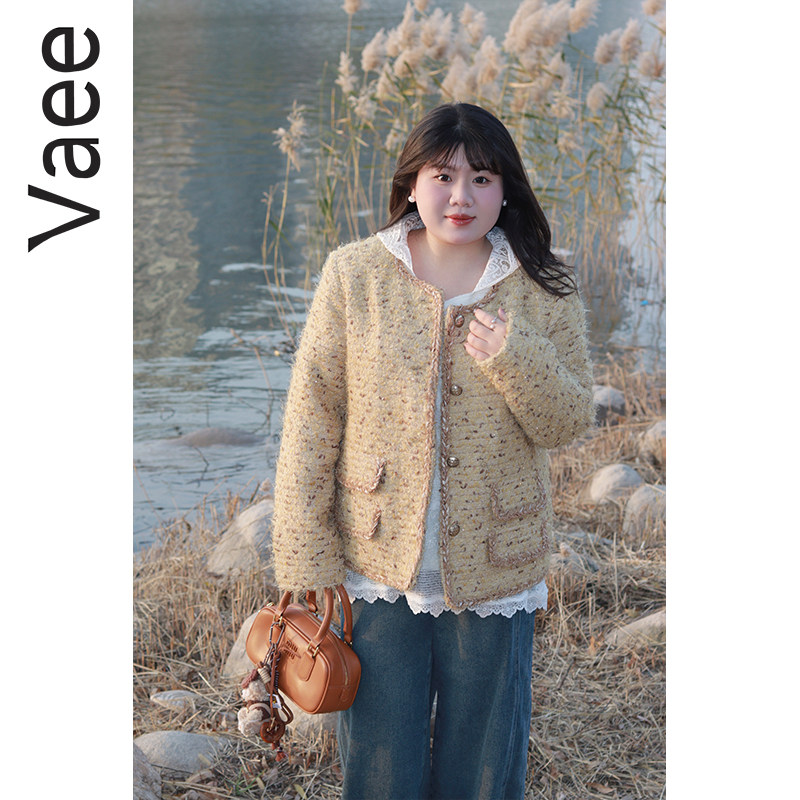 Vaee大码女装气质小香风上衣冬季新款胖mm加厚夹棉毛感毛呢外套,淘宝优惠券,粉丝福利购,淘宝优惠卷