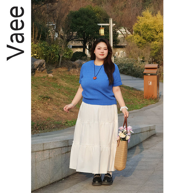 Vaee large size women's French commuting round neck knitted top early spring fat mm temperament versatile short-sleeved sweater T-shirt