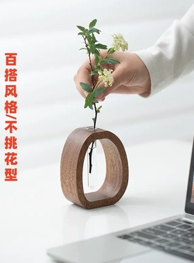 花器胡桃木中式实木插花花瓶桌面
