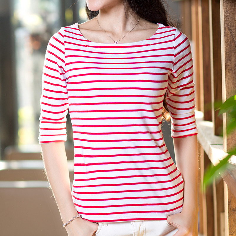条纹t恤女夏装七分袖一字领打底衫 自蓝红T恤