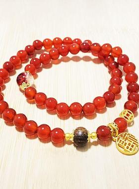 红玛瑙手串配幽灵石福字沉香手串女款礼物送女生手链手串弹力绳