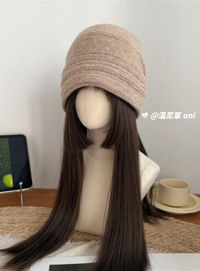 巨好戴~羊毛翻边褶皱宽松包头冷帽女冬显脸小纯色护耳针织堆堆帽