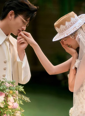 法式外景婚纱照新娘造型蕾丝花边装饰编织礼帽蕾丝花边帽子头纱