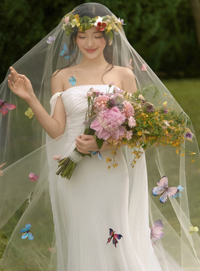 外景森系婚纱照道具新娘蝴蝶头纱