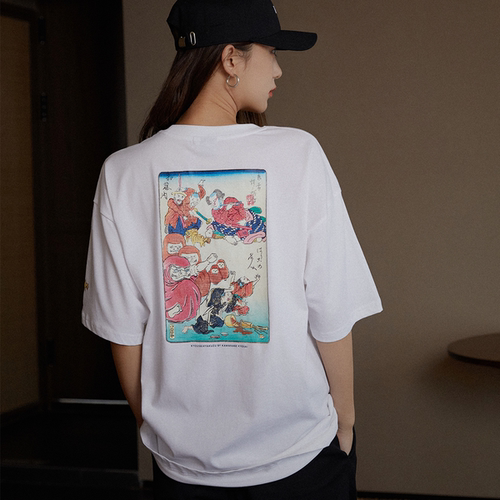 A7x妖怪大展浮世绘达摩福阵印花男女春夏季纯棉白休闲短袖T恤 - 图1