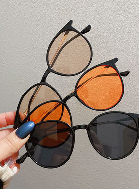 黑框茶色墨镜女复古橘黄色太阳镜
