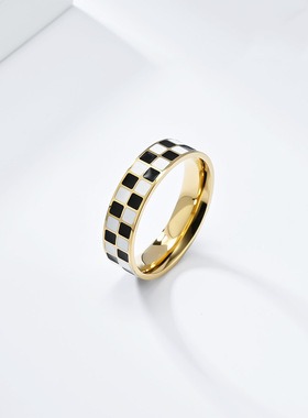 跨境欧美轻奢风黑白格钛钢尾戒指环女士方块时尚通勤小香风配饰