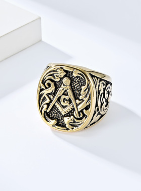 跨境欧美复古风共济会钛钢戒指环霸气男士兄弟会扳指个性手饰品