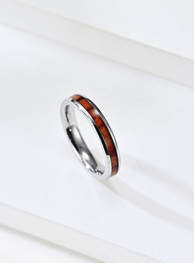 亚马逊468毫米钛钢镶木头木皮戒指男女情侣订婚结婚指环现货