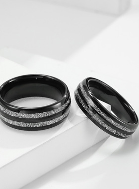 跨境亚马逊双槽钨钢镶嵌冰丝戒指 结婚求婚男女简约钨金情侣对戒