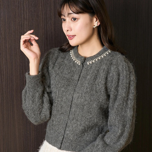 獨家娘娘her元 2way穿羊驼毛领口珍珠宝石钉钻绞花针织开衫上衣 - 图2