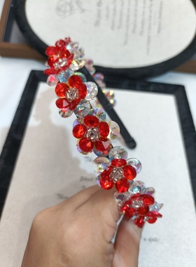 新款花朵水晶发箍头箍发饰高端发饰发卡发夹简约压发圈红色系头饰
