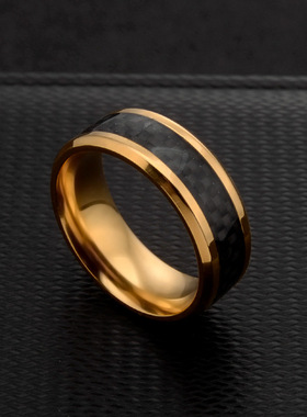 欧美饰品不锈钢男士黑碳纤维戒指8mm内弧凹槽滴胶手饰外贸