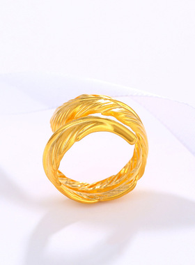 轻奢平替仿真镀金色爱情密语羽毛开口指环时尚个性女款霸气戒指