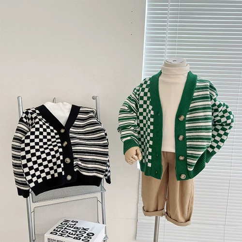 Шахматы для мальчиков, осенний кардиган, куртка для девочек для отдыха, свитер, V-образный вырез