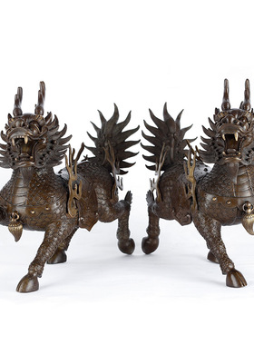 热销纯黄铜麒麟摆件火麒麟家居饰品客厅摆件办公室招财铜麒麟一对