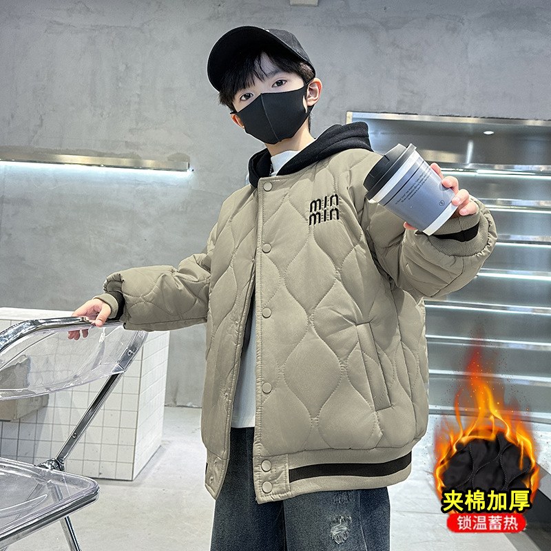 2025秋冬中大童字母棉服加厚开衫上衣儿童宽松休闲连帽保暖棉衣 - 图2