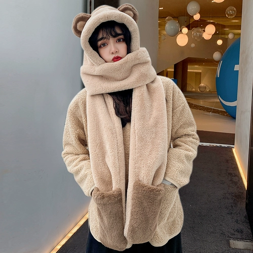 Шапка, зимний шарф, толстовка с капюшоном, зимние удерживающие тепло перчатки, бархатный комплект, с медвежатами, коллекция 2023, 3 предмета