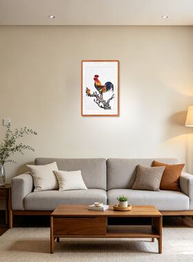 公鸡挂画 手绘金鸡报晓画 大吉大利柿子画 十二生肖公鸡画 吉祥画