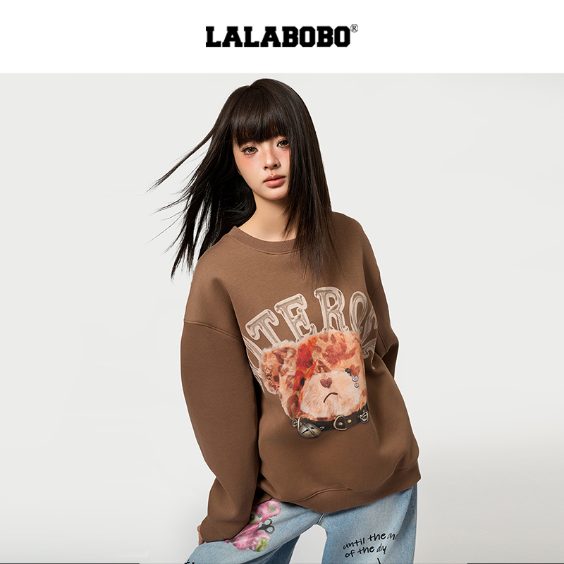董力同款 LALABOBO新年草莓卫衣甜美亮片印花套头多巴胺粉色上衣