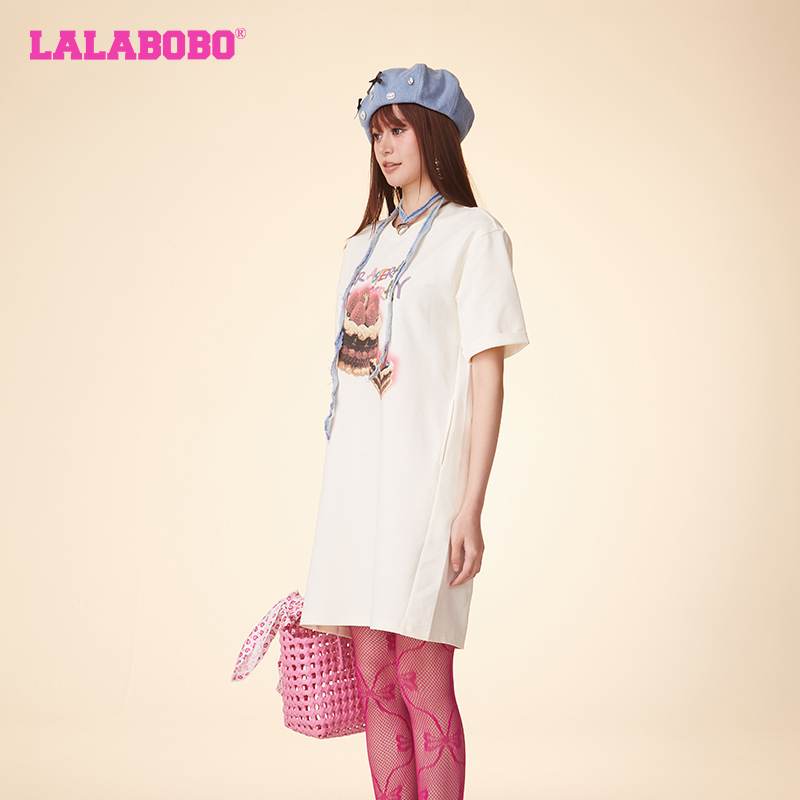 LALABOBO24夏季新品圆领套头蛋糕图案长款T恤连衣裙|CBDB-WLZY11