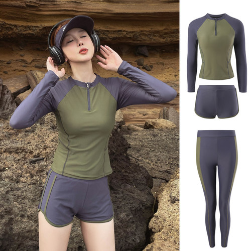 泳衣女分体2025新款长裤泡温泉游泳馆专用平角长袖防晒保守游泳衣 - 图1