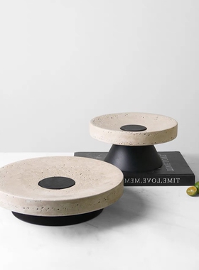 诧寂中古风大理石洞石实木果盘摆件新中式售楼处茶几收纳盘装饰品