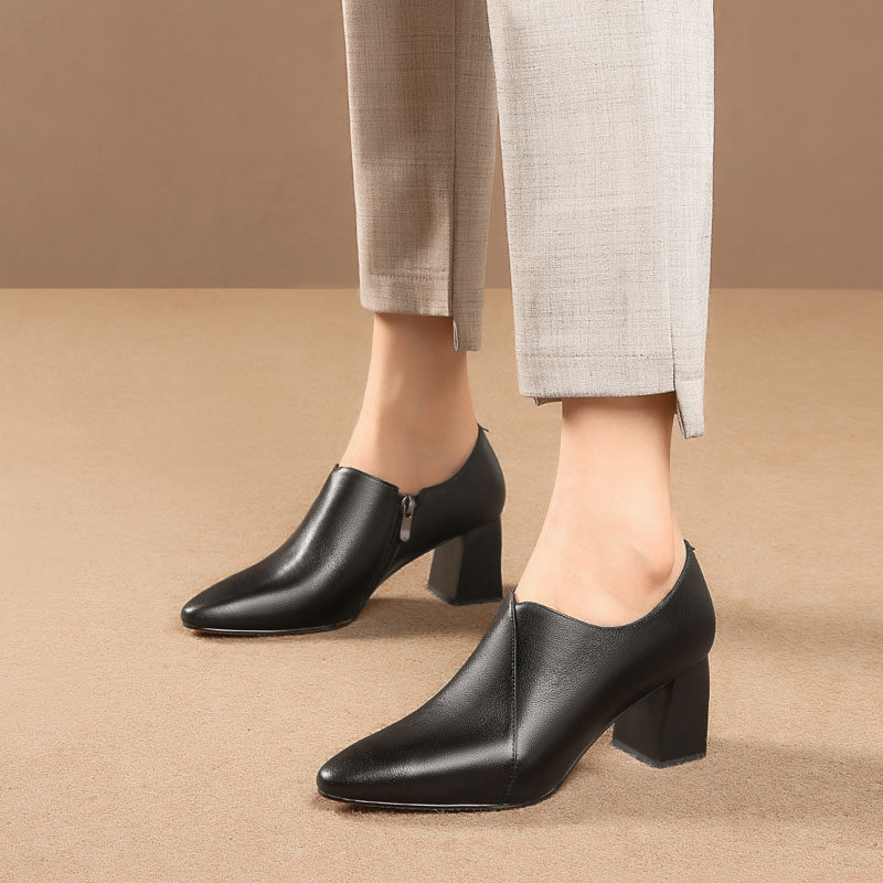 高跟鞋女正品春秋新款真皮粗跟英伦风尖头深口单鞋女小皮鞋大码鞋,淘宝优惠券,粉丝福利购,淘宝优惠卷