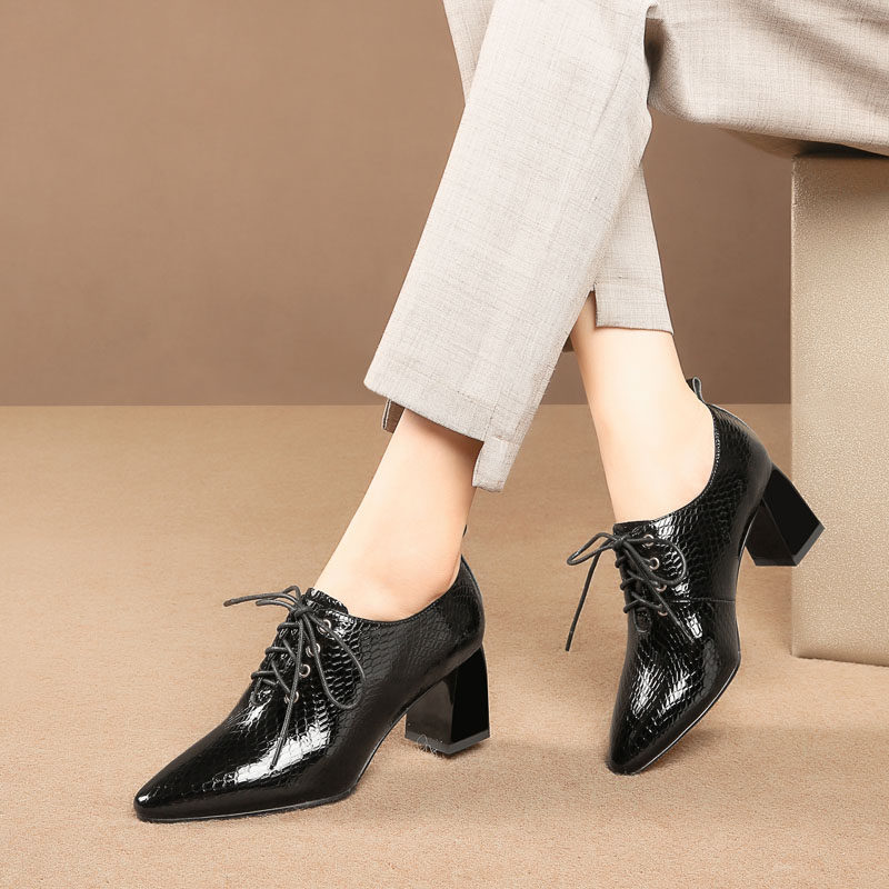 尖头高跟鞋女2025春秋新款真皮深口单鞋前系带欧美粗跟大码女鞋子,淘宝优惠券,粉丝福利购,淘宝优惠卷