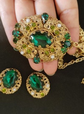 vintage  中古首饰西德祖母绿莱茵石项链耳夹套装