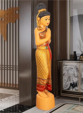 泰国迎宾东南亚风格餐厅门口泰式侍女木雕人偶装饰品佛像落地摆件