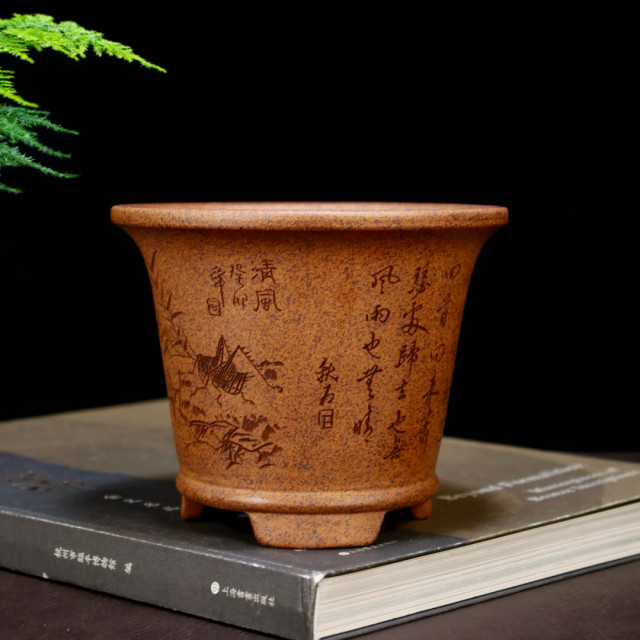 High-quality wood-fired purple clay flowerpot, small orchid, succulent calamus, cloud bamboo, golden marble bonsai pot, desktop green plant ceramic pot