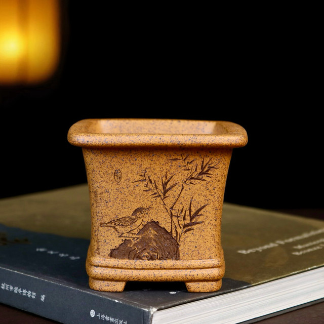 High-end high-end purple sand flower pots, wood-fired square bonsai pots, hand-engraved succulent calamus, cloud bamboo and gold marble pots