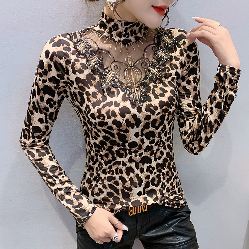 豹纹加厚高领蕾丝内搭t恤打底衫 风私语T恤