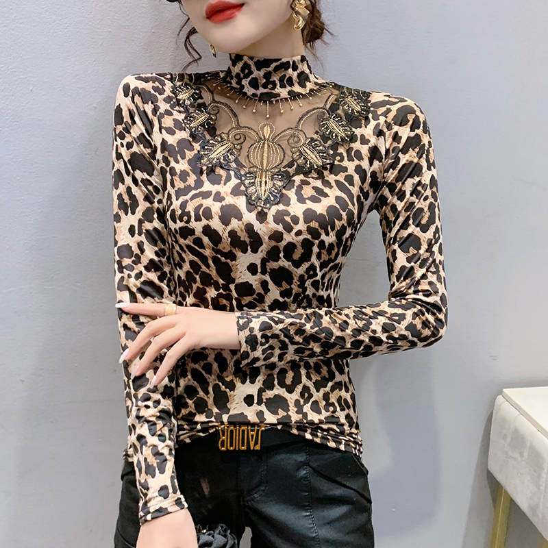 豹纹加厚高领蕾丝内搭t恤打底衫 风私语T恤