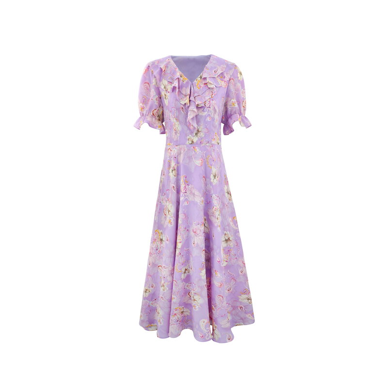 丹慕妮尔紫色v领连衣裙女夏季新款气质收腰印花中长款雪纺裙 - 图3