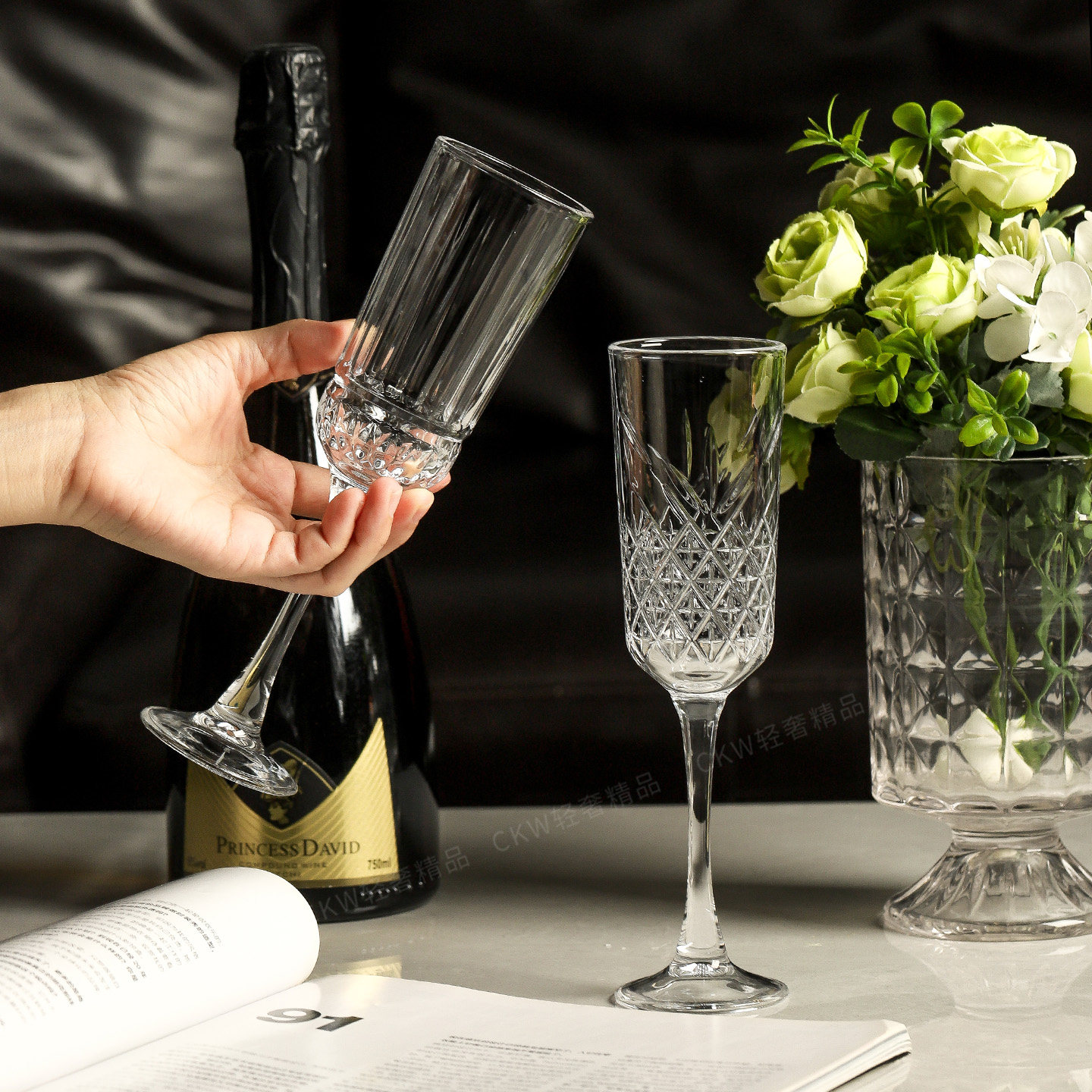 CKW 刻花香槟杯高颜值微醺甜酒气泡酒高脚杯家用白葡萄酒玻璃杯子,淘宝优惠券,粉丝福利购,淘宝优惠卷