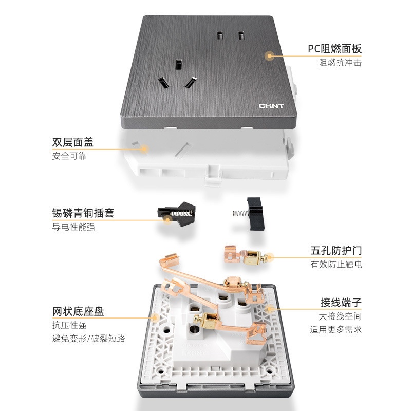 正泰开关插座拉丝灰家用86型暗装16A一开单控五孔电视电脑USB面板-图2
