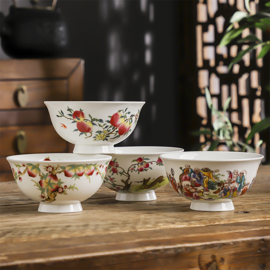 景德镇骨质瓷中式高足粉彩寿桃碗定制老人生日寿宴答谢寿礼不烫手 - 图0