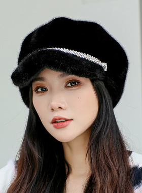 秋冬新款鸭舌帽女冬韩版金貂绒八角帽贝雷帽时尚保暖护耳包头帽潮