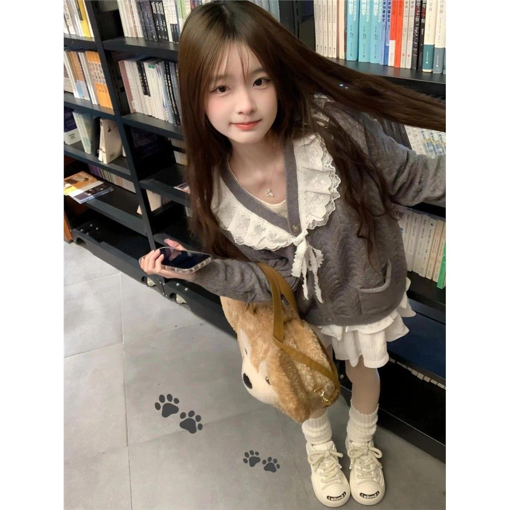 灰色v领蕾丝蝴蝶结针织开衫女春秋娃娃领镂空毛衣外套学院风上衣,淘宝优惠券,粉丝福利购,淘宝优惠卷