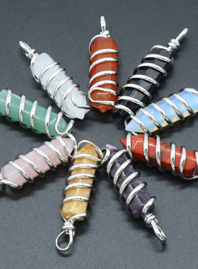 天然水晶石头绕丝六角柱吊坠